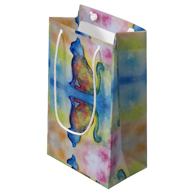 Space Cat Custom Gift Bag - Klein, glänzend Kleine Geschenktüte (Vorderseite Schrägansicht)