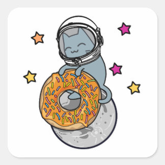 Space Cat Holding Donut Niedlicher Cartoon Grafik Quadratischer Aufkleber