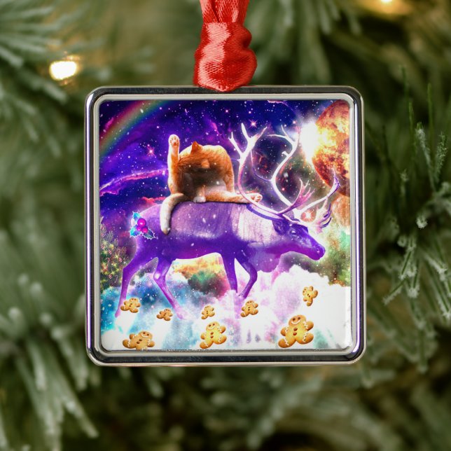 Space cat licking itself ornament aus metall (Baum)
