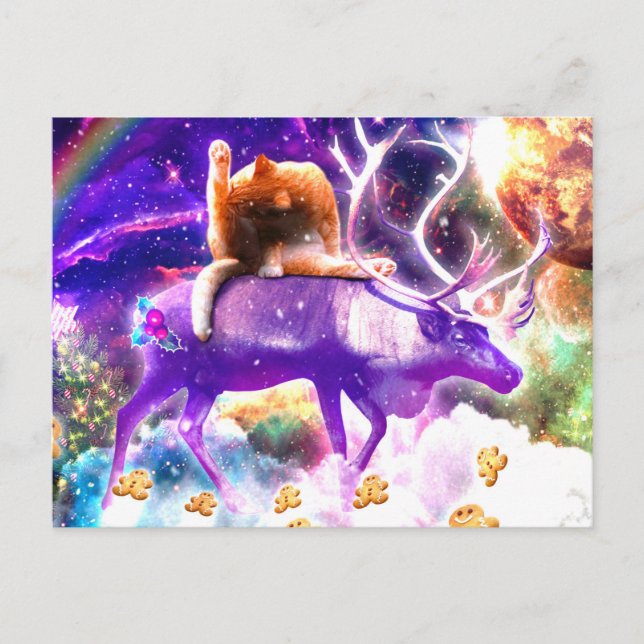 Space cat licking itself postkarte (Vorderseite)