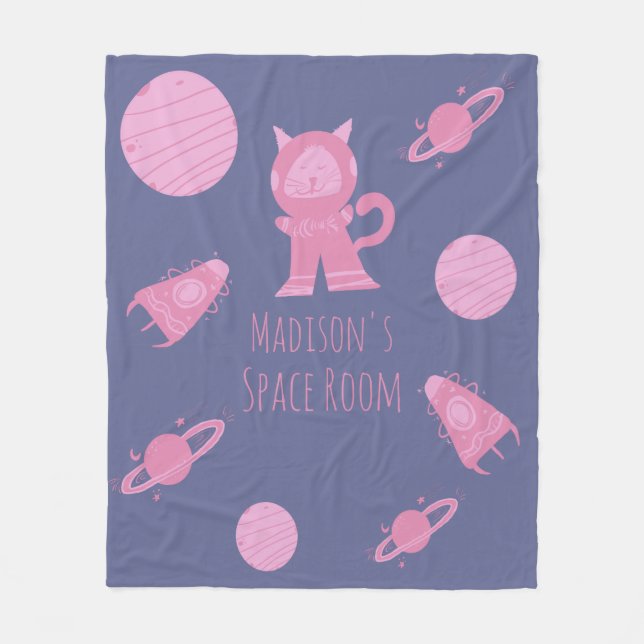 Space Cat Pink Girls Schlafzimmer Lila Fleecedecke (Vorderseite)