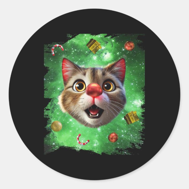 Space Cat Rentier Runder Aufkleber (Vorderseite)
