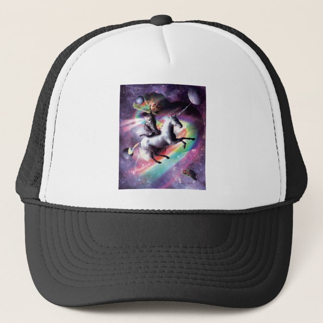 Space Cat Riding Unicorn - Laser, Tacos, Regenboge Truckerkappe (Vorderseite)
