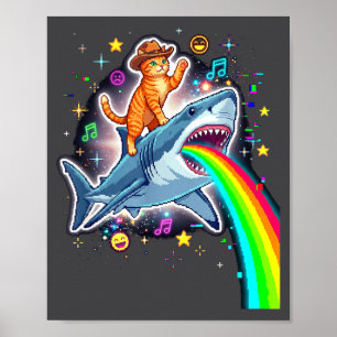 Space Cowboy Katze reitet auf Hai Regenbogen Xel K Poster