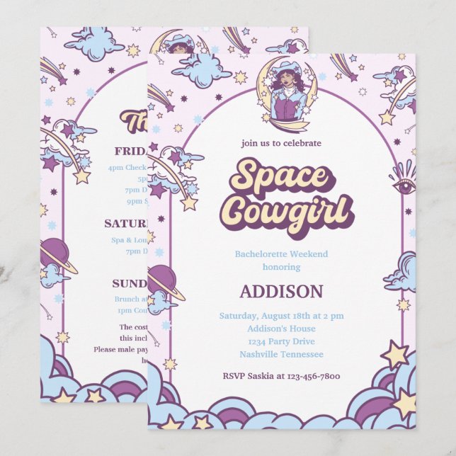 Space Cowgirl Bachelorette Einladung mit Devices (Vorne/Hinten)