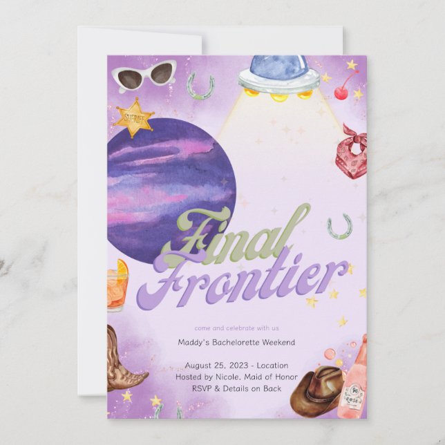 Space Cowgirl Bachelorette Wochenende Einladung (Vorderseite)