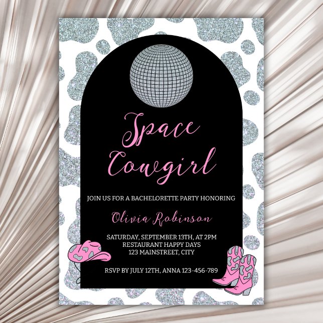 Space Cowgirl Glitzer Cow Print Junggeselinnen-Abs Einladung (space cowgirl disco bachelorette party invitation)