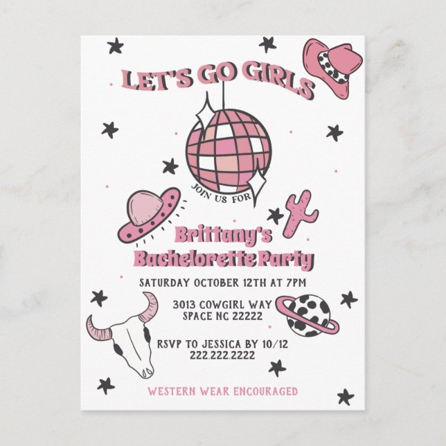 Space Cowgirl Junggeselinnen-Abschied Einladung Postkarte (Vorderseite)