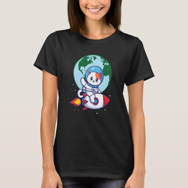 Space Cute Cat Outerspace Rocket Earth T-Shirt (Vorderseite)