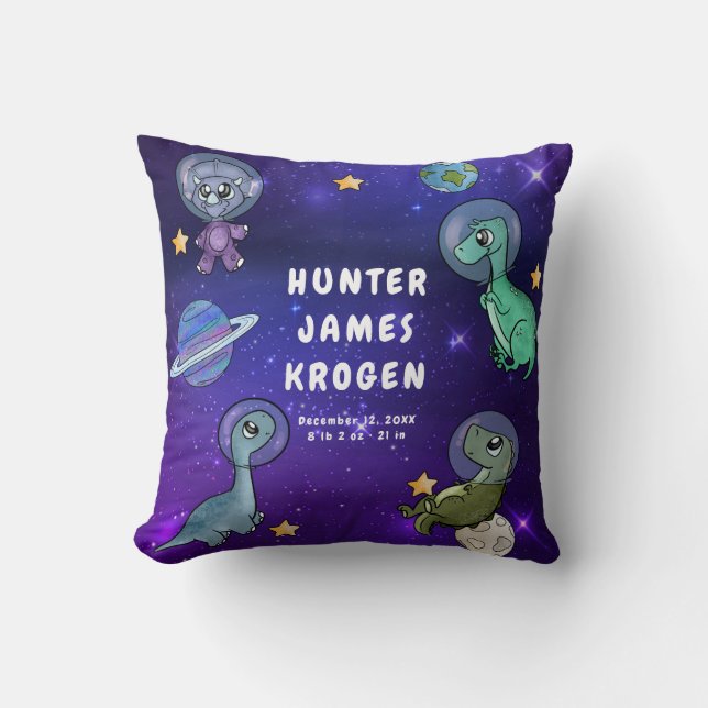 Space Dino Dinosaurs Planet Star Baby Birth Stats Kissen (Vorderseite)