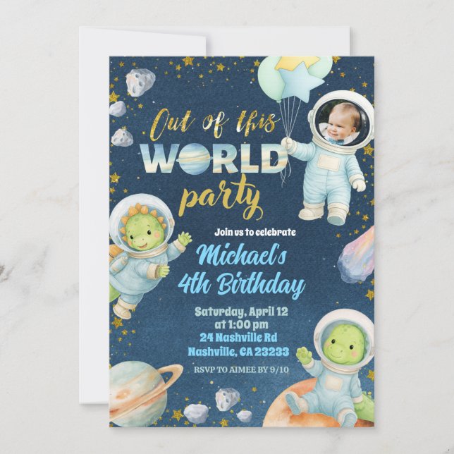 Space Dinosaur Birthday Invitation with photo Einladung (Vorderseite)