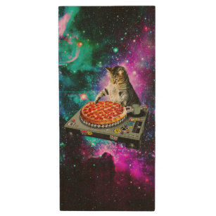 Space dj cat pizza holz USB stick
