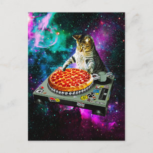 Space dj cat pizza postkarte