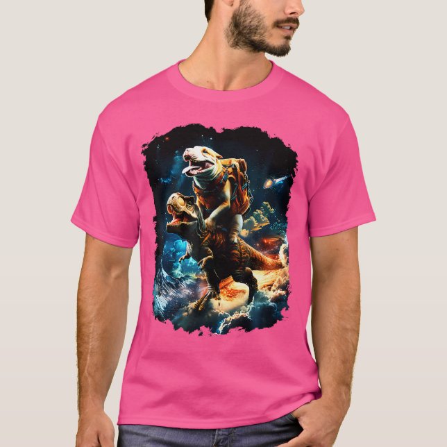Space Dog Lover Riding Dinosaur T Rex T-Shirt (Vorderseite)