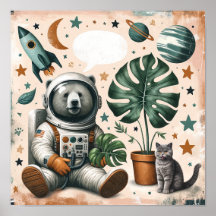 Space Explorer Bär und Cat Kids Room Wall Art