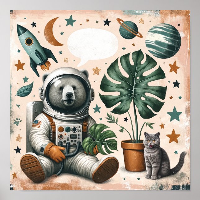 Space Explorer Bär und Cat Kids Room Wall Art Poster (Vorne)