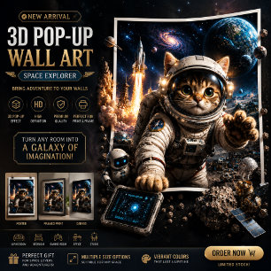 Space Explorer Cat 3D Pop-Up-Wandkunstposter Poster