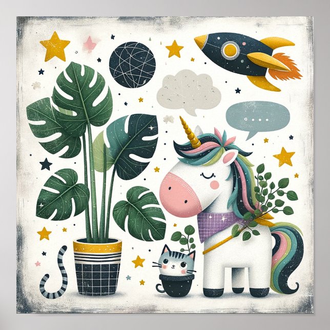 Space Explorer Einhorn mit Katzenkindern Wand Kuns Poster (Vorne)