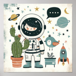 Space Explorer Girl Kids Room Mauer Art Poster