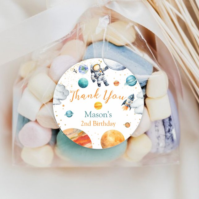 Space Explorer Thank You Birthday Astronaut Planet Runder Aufkleber (Von Creator hochgeladen)