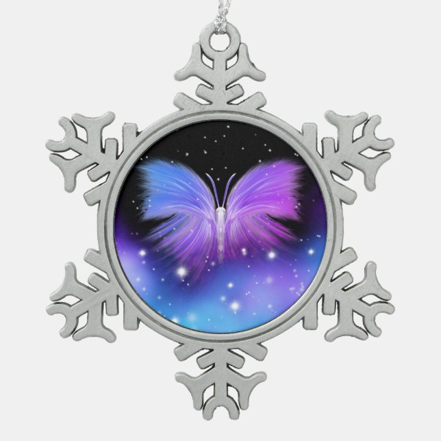 Space Fantasy Butterfly Kosmic Schneeflocken Zinn-Ornament (Vorderseite)