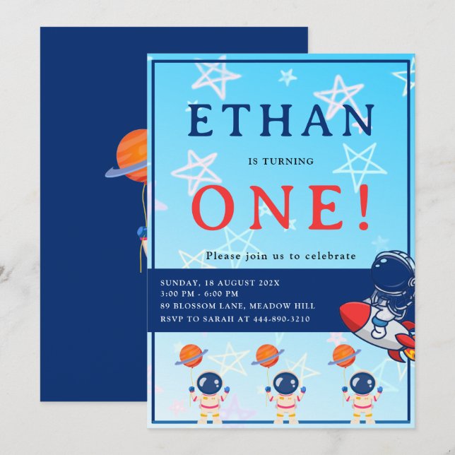 Space First Birthday Invitation – One Year Old Boy Einladung (Vorne/Hinten)