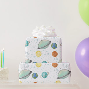 Space Galaxie Planeten, Sterne & Raketenumlaufbahn Geschenkpapier