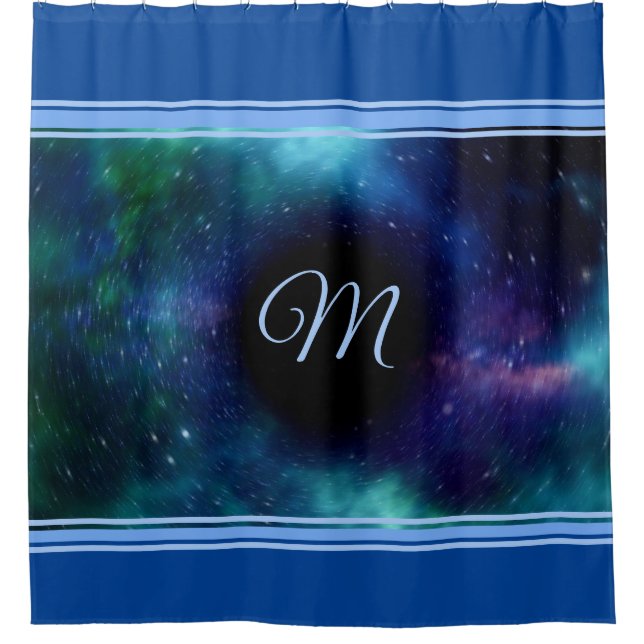 Space Galaxy Black Hole Blue Trim Monogram Duschvorhang (Vorderseite)
