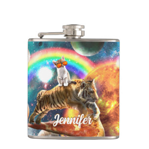 Space Galaxy Cat Riding Tiger on Pizza Flachmann
