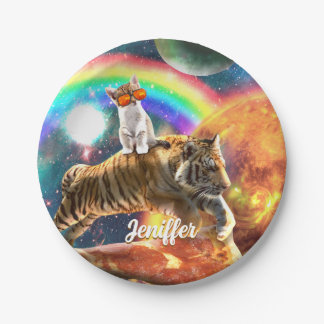 Space Galaxy Cat Riding Tiger on Pizza Pappteller