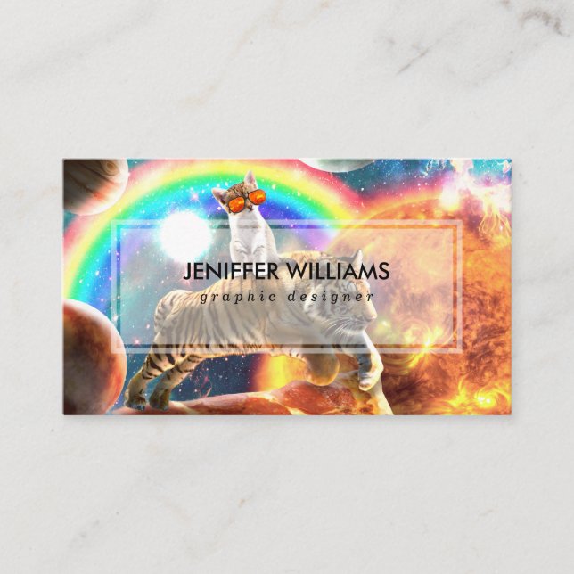 Space Galaxy Cat Riding Tiger on Pizza Visitenkarte (Vorderseite)