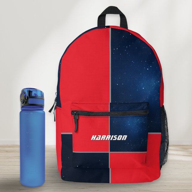 Space Galaxy Geometric Red Navy Personalisiert Bedruckter Rucksack (A stylish personalized backpack with space themed design of block color red and navy blue night sky)