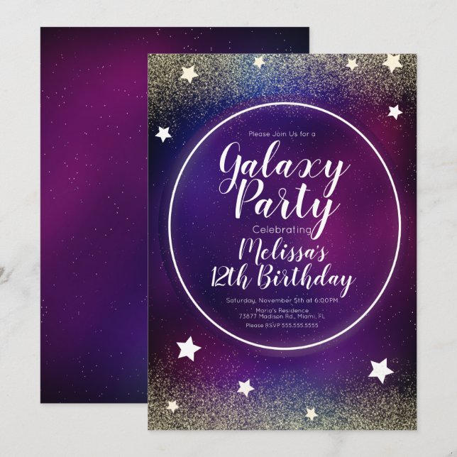 Space Galaxy Nebula Glitzer Moon Geburtstag Lila Einladung (Vorne/Hinten)