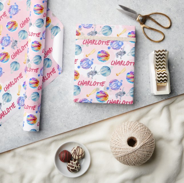 Space Galaxy Planets Moon Stars Baby Girl Geburtst Geschenkpapier (Kunsthandwerk)