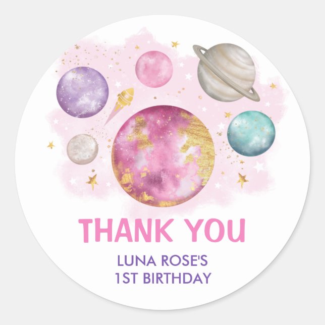 Space Galaxy Planets Moon Stars Baby Girl Geburtst Runder Aufkleber (Vorderseite)