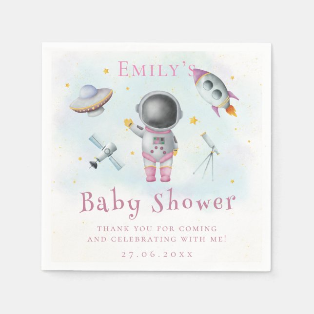 Space Girl Astronaut rosa Raketen Star Kinderdusch Serviette (Vorderseite)