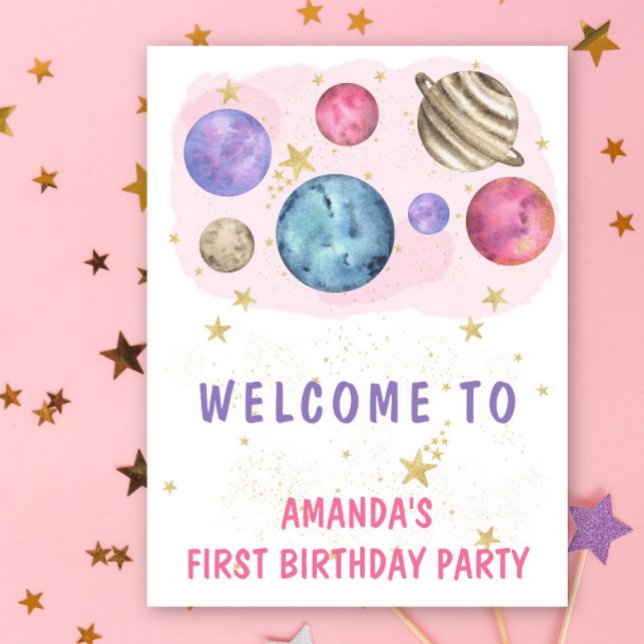 Space Girl Birthday Pink Planets Willkommen Party Poster (Von Creator hochgeladen)