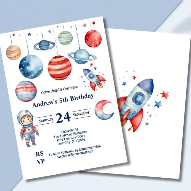 Space Kids Astronaut Planets Red Blue Boy Geburtst Einladung (Space astronaut rockets planets boys birthday invitation, Red blue, Printed Digital)