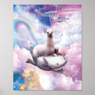 Space Lama Riding Axolotl - Regenbogen Poster