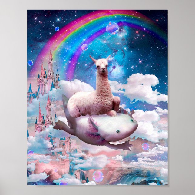 Space Lama Riding Axolotl - Regenbogen Poster (Vorne)