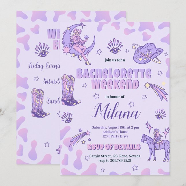 Space Lila Cowgirl Bachelorette Einladung (Vorne/Hinten)