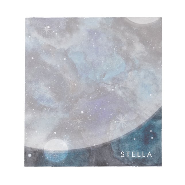 Space Moon Stars Wasserfarbe Personalisierter Name Notizblock (Vorderseite)