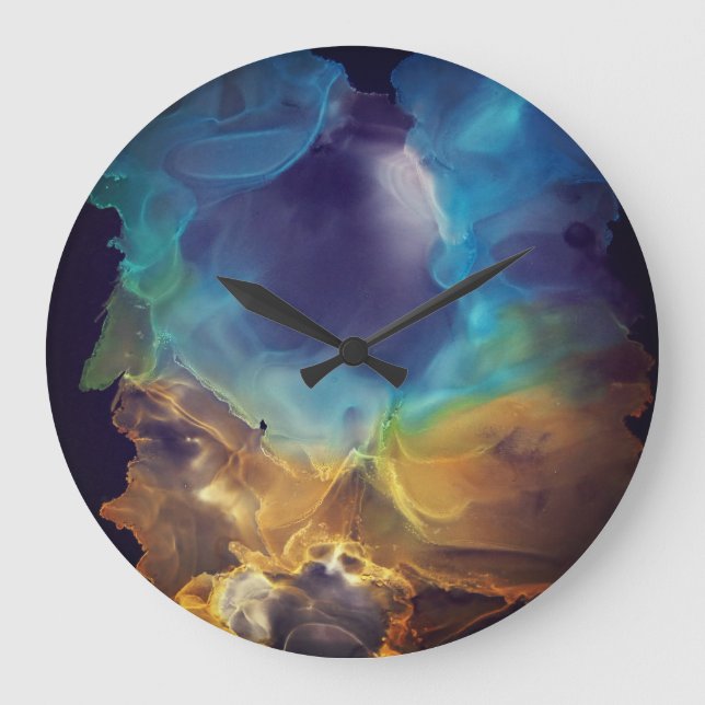 Space Nebel blau gelb Alkoholtupfer Kunst Große Wanduhr (Vorderseite)