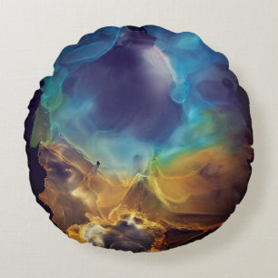 Space Nebel blau gelb Alkoholtupfer Kunst Rundes Kissen