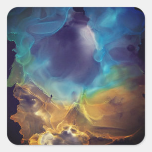 Space Nebula blau gelb Alkohol Tinte Kunst Glas Quadratischer Aufkleber