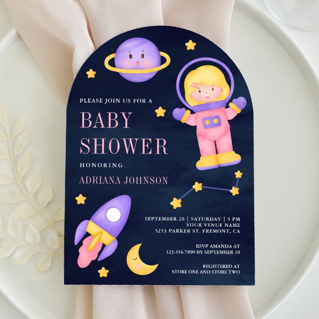 Space Pink Girl Astronaut Navy Arch Baby Dusche Einladung (Von Creator hochgeladen)