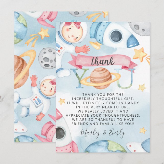 Space Planets Pink Girl Baby Dusche Danke Karte (Vorne/Hinten)