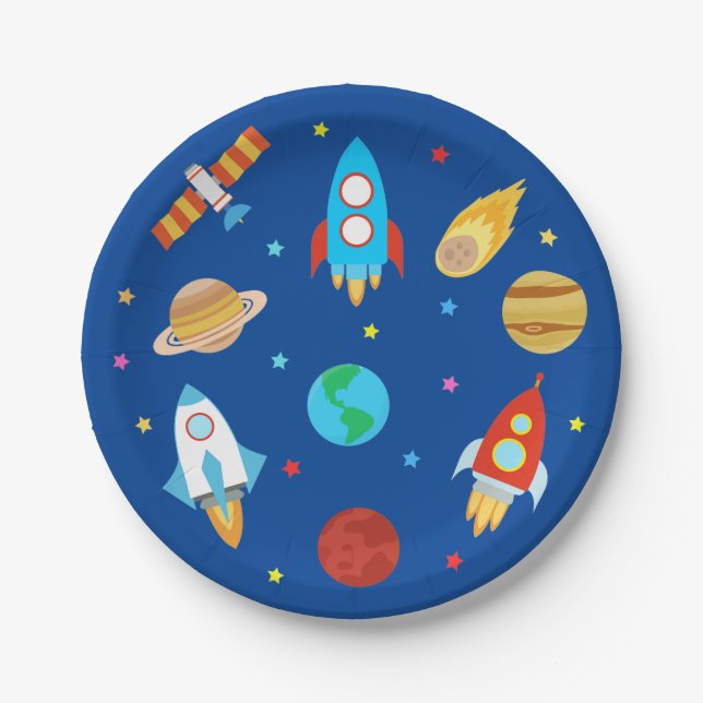 Space Planets Stars Galaxy Blau Pappteller (Vorderseite)