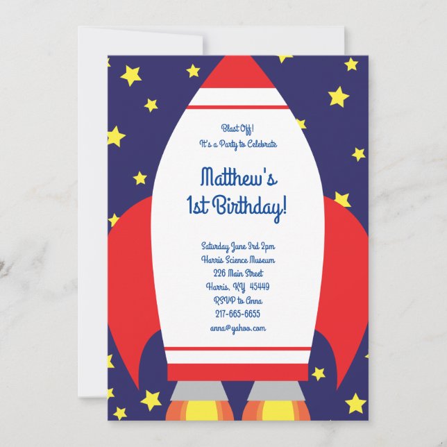 Space Rocket 1er Anniversaire Cute Invitations (Devant)