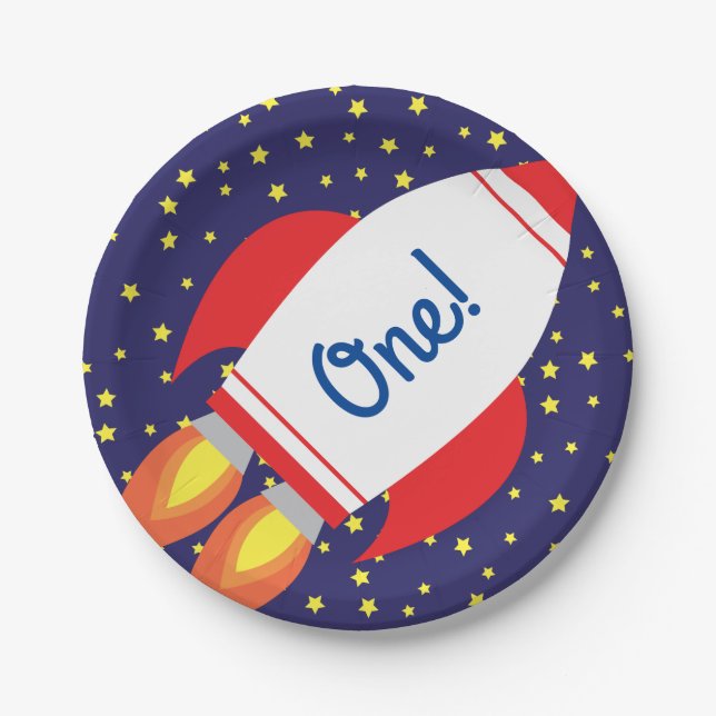 Space Rocket Star Schiff 1. Geburtstag Teller (Vorderseite)